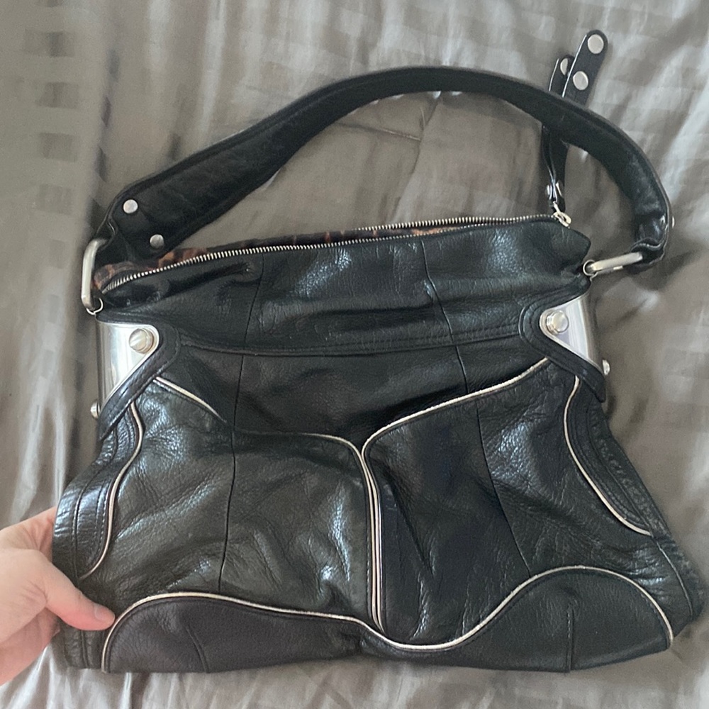 B. Makowsky black leather shoulder bag with silver hardware